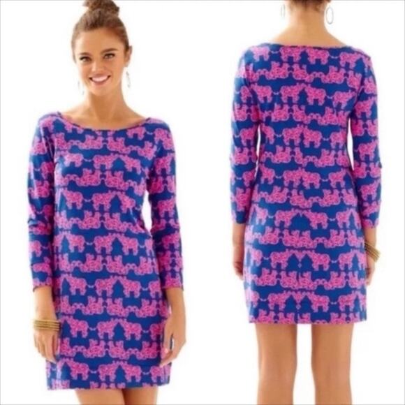 Lilly Pulitzer Marlowe Dress in Pack Your Trunk Elephant Dress Blue Pink Size XS - Picture 1 of 6